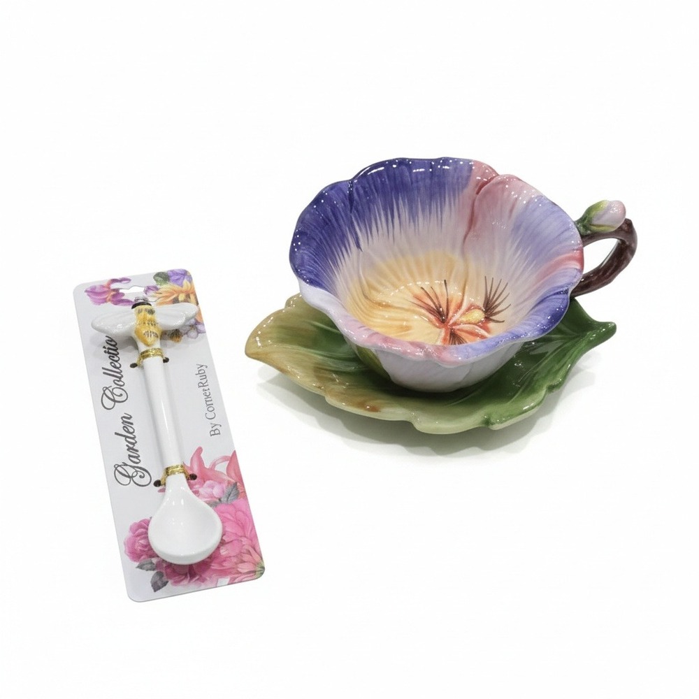 CornerRuby Garden Collection Pansy Flower Teacup Leaf‎ Saucer Bee Spoon Set